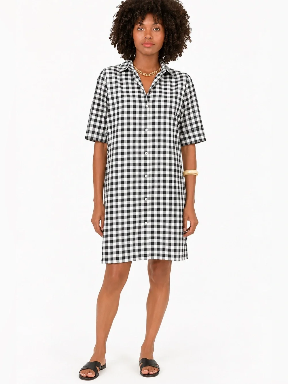 Pomander Place Black & White Gingham Button Front Shirt Dress, Size Medium
